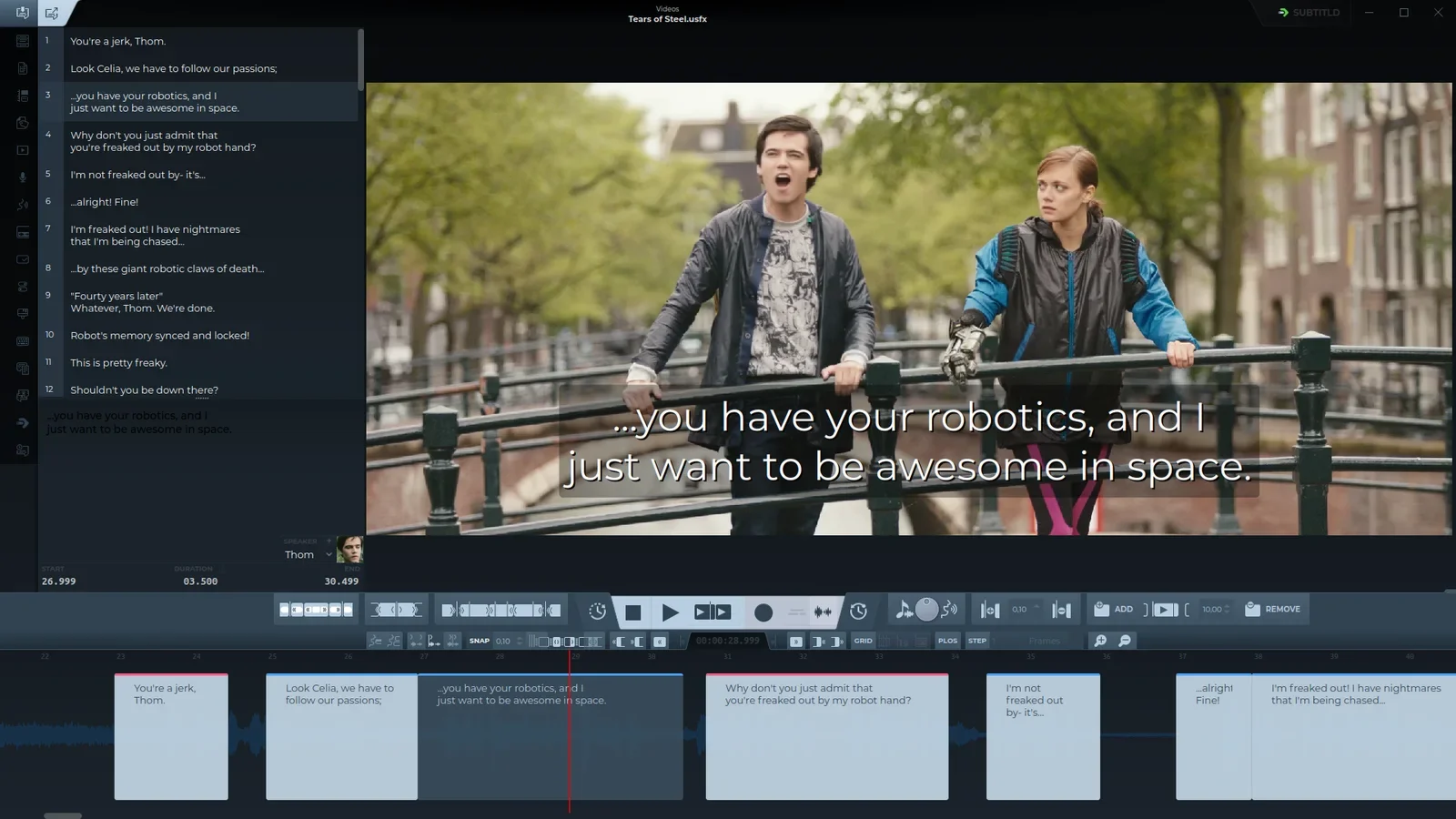 Subtitld editing Tears of Steel: the list of subtitles on the left, the video with the current subtitle over it, and the timeline with the waveform below