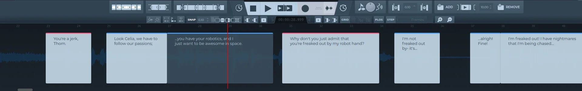 The timeline: subtitles as blocks over the audio waveform, with the playhead in red and the player controls above