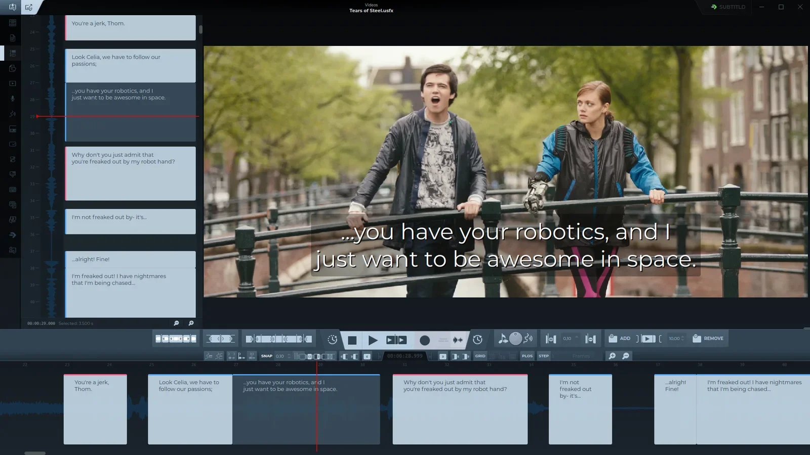 The vertical timeline beside the video, with each subtitle drawn as a block whose height is its duration